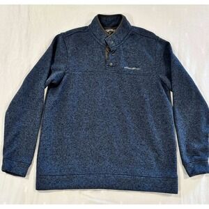Eddie Bauer Mens Blue Marl Sweater Fleece Mock Neck Snap Pullover Large